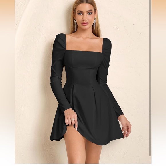 JKMNAO Long Sleeve  Mini Dress Bow Tie  SquareNeck Short M / 553 -10 - Picture 4 of 5